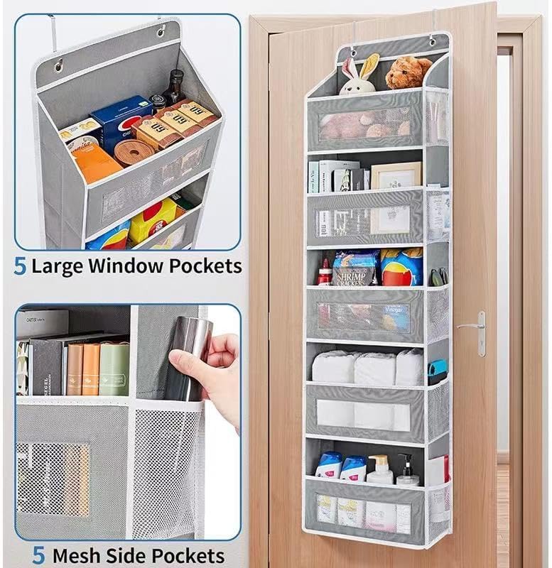 Over The Door Organizer with 10 Mesh Side Pockets, 5 Shelf Hanging Pantry Door Organizer for Bathroom & Nursery, Heavy Duty Behind The Door Storage for Toys, Diapers & Towels, Grey