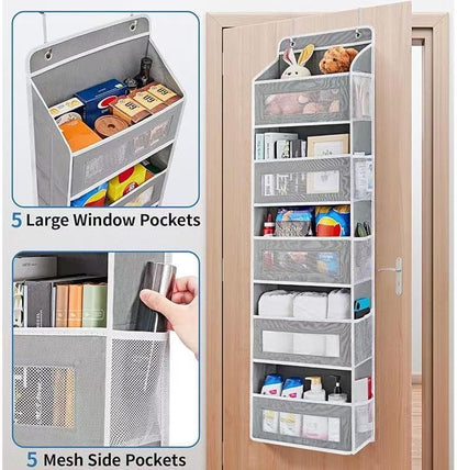 Over The Door Organizer with 10 Mesh Side Pockets, 5 Shelf Hanging Pantry Door Organizer for Bathroom & Nursery, Heavy Duty Behind The Door Storage for Toys, Diapers & Towels, Grey