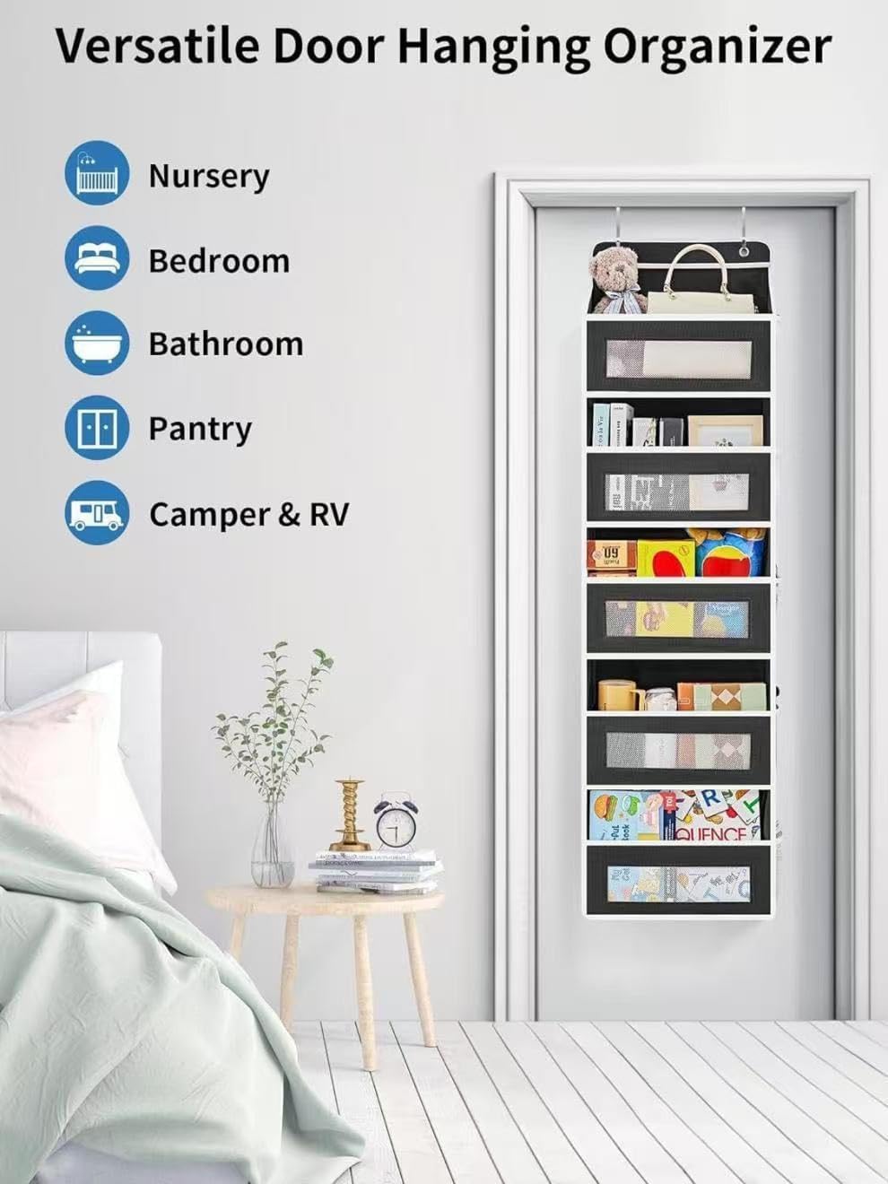 Over The Door Organizer with 10 Mesh Side Pockets, 5 Shelf Hanging Pantry Door Organizer for Bathroom & Nursery, Heavy Duty Behind The Door Storage for Toys, Diapers & Towels, Grey