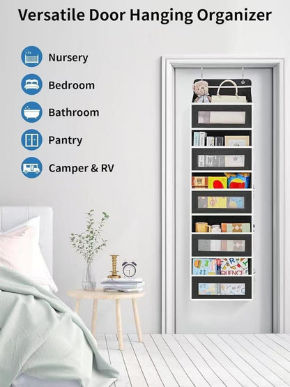 Over The Door Organizer with 10 Mesh Side Pockets, 5 Shelf Hanging Pantry Door Organizer for Bathroom & Nursery, Heavy Duty Behind The Door Storage for Toys, Diapers & Towels, Grey