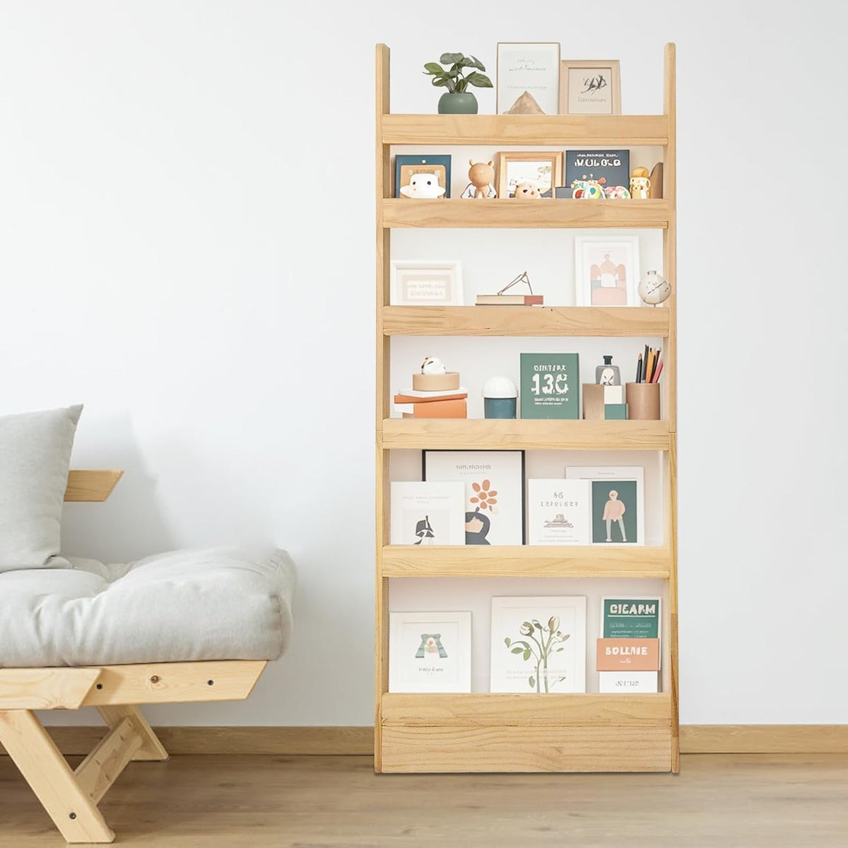 Behind Door Bookshelf Organizer – Solid Wood Wall-Mounted 6-Tier Shelf, No-Paint Eco Design, Space-Saving Storage for Kids & Adults (23.8in)