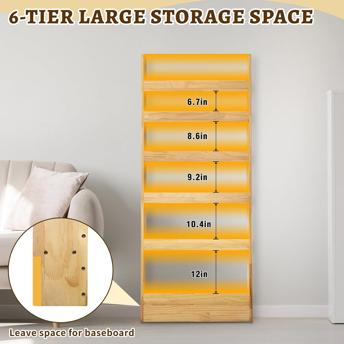 Behind Door Bookshelf Organizer – Solid Wood Wall-Mounted 6-Tier Shelf, No-Paint Eco Design, Space-Saving Storage for Kids & Adults (23.8in)