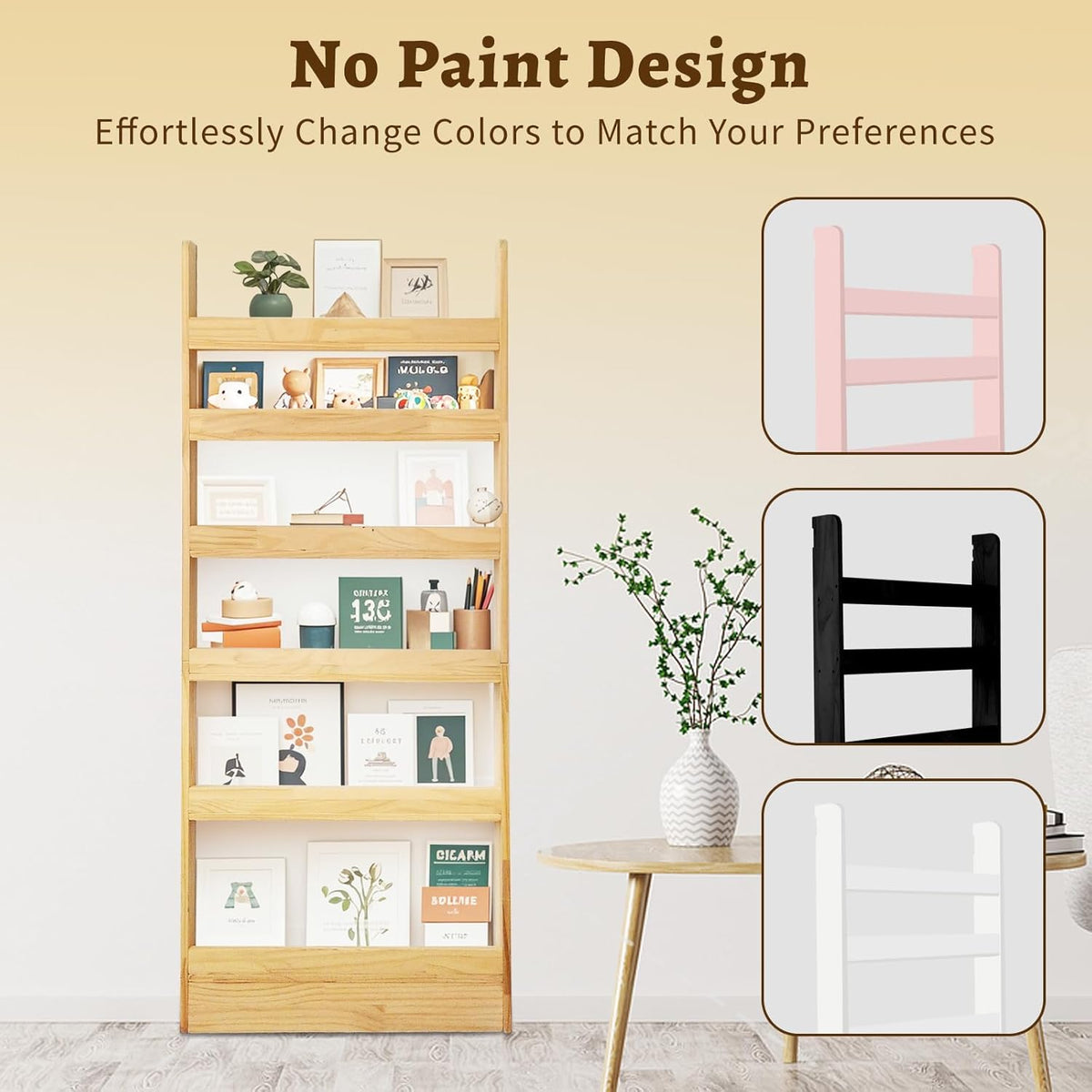 Behind Door Bookshelf Organizer – Solid Wood Wall-Mounted 6-Tier Shelf, No-Paint Eco Design, Space-Saving Storage for Kids & Adults (23.8in)