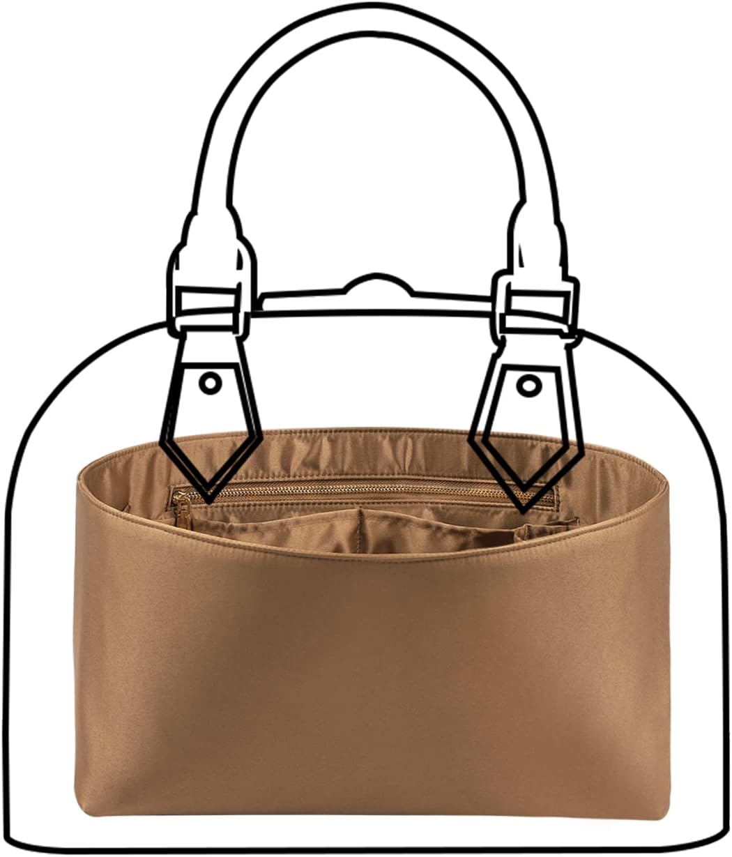 Purse Organizer Insert For Handbags, Silk Purse Organizer with Zipper, Silky Smooth, Bag Organizer For Speedy Neverfull Tote,onthego,Artsy, 6 Sizes(Large, Silky Beige)