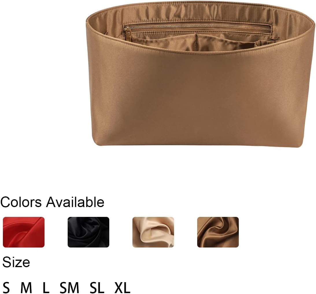 Purse Organizer Insert For Handbags, Silk Purse Organizer with Zipper, Silky Smooth, Bag Organizer For Speedy Neverfull Tote,onthego,Artsy, 6 Sizes(Large, Silky Beige)