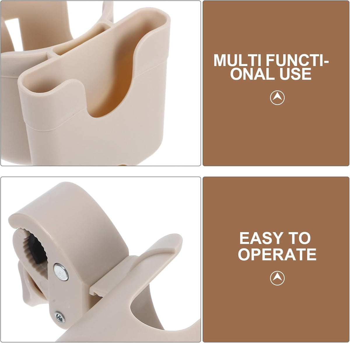 Stroller Cup Holder and Phone Mount, Milk Bottle and Water Cup Organizer Rack, Beige Multifunctional Bike and Scooter Accessory for Travel and Outdoor Use