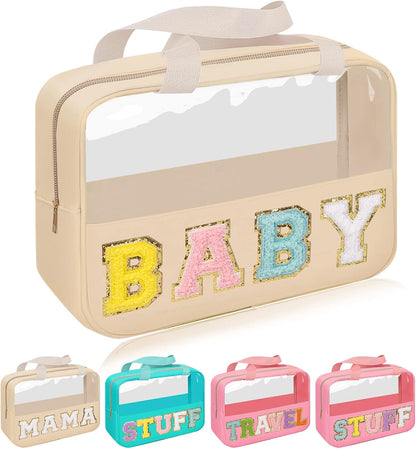 Chenille Letter Patch Baby Bag, Preppy Clear Makeup Cosmetic Bag Large Toiletry Storage Tote Bag with Handle, Transparent Nylon Waterproof Organizer Zipper Pouch for Travel Women Girls(Beige)