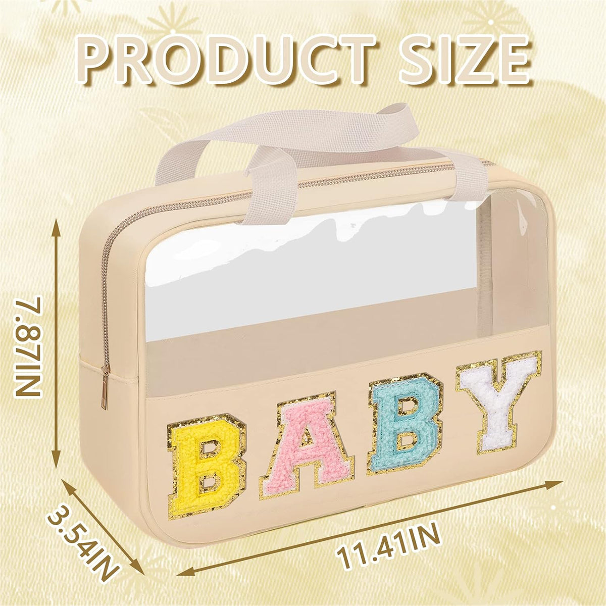 Chenille Letter Patch Baby Bag, Preppy Clear Makeup Cosmetic Bag Large Toiletry Storage Tote Bag with Handle, Transparent Nylon Waterproof Organizer Zipper Pouch for Travel Women Girls(Beige)