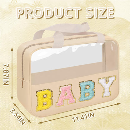 Chenille Letter Patch Baby Bag, Preppy Clear Makeup Cosmetic Bag Large Toiletry Storage Tote Bag with Handle, Transparent Nylon Waterproof Organizer Zipper Pouch for Travel Women Girls(Beige)
