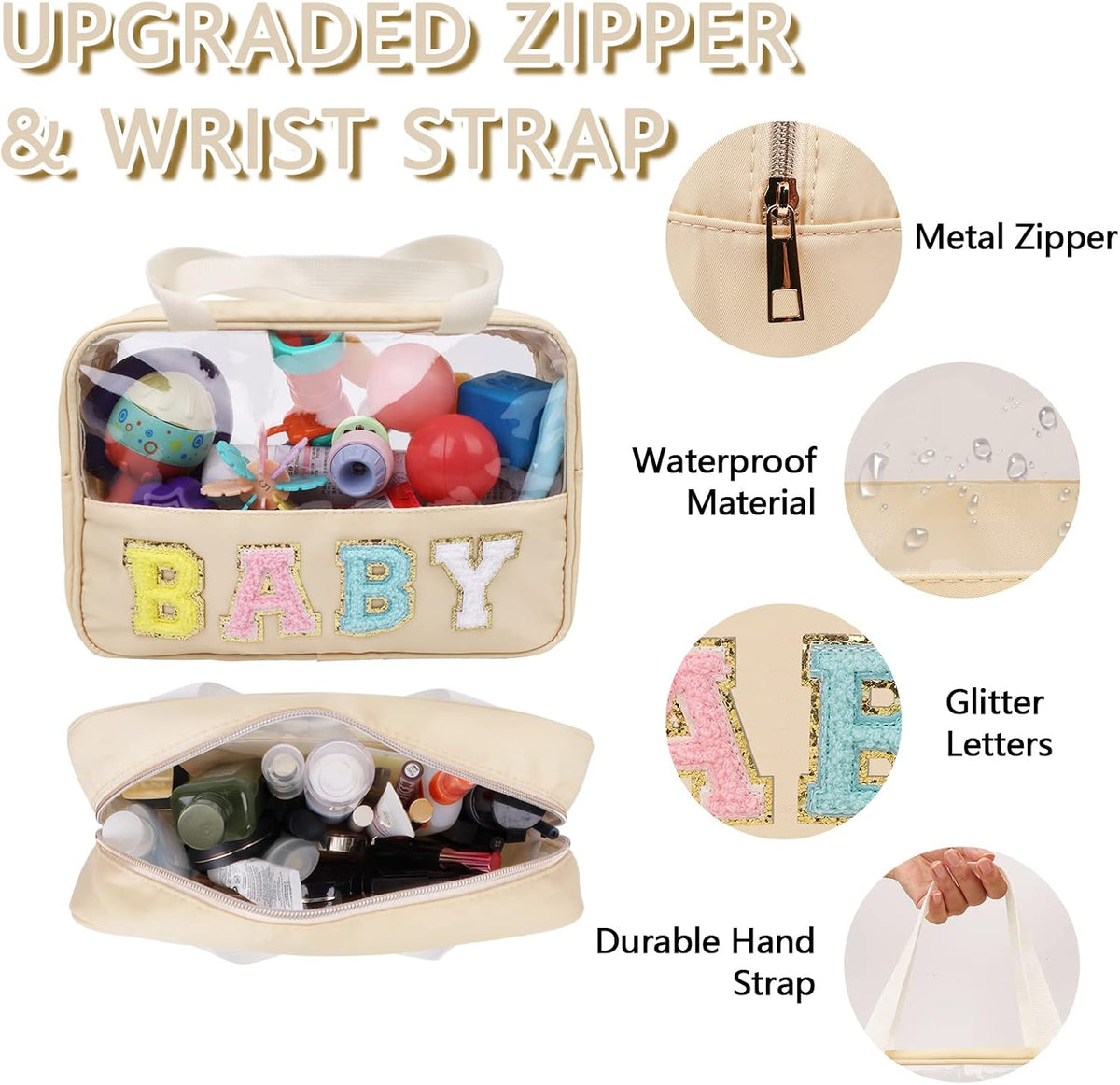 Chenille Letter Patch Baby Bag, Preppy Clear Makeup Cosmetic Bag Large Toiletry Storage Tote Bag with Handle, Transparent Nylon Waterproof Organizer Zipper Pouch for Travel Women Girls(Beige)