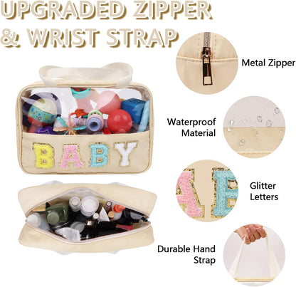 Chenille Letter Patch Baby Bag, Preppy Clear Makeup Cosmetic Bag Large Toiletry Storage Tote Bag with Handle, Transparent Nylon Waterproof Organizer Zipper Pouch for Travel Women Girls(Beige)