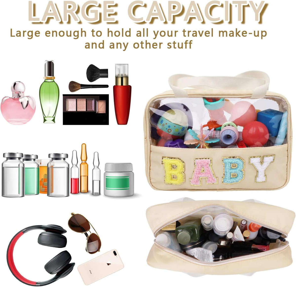 Chenille Letter Patch Baby Bag, Preppy Clear Makeup Cosmetic Bag Large Toiletry Storage Tote Bag with Handle, Transparent Nylon Waterproof Organizer Zipper Pouch for Travel Women Girls(Beige)