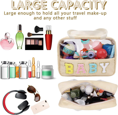 Chenille Letter Patch Baby Bag, Preppy Clear Makeup Cosmetic Bag Large Toiletry Storage Tote Bag with Handle, Transparent Nylon Waterproof Organizer Zipper Pouch for Travel Women Girls(Beige)