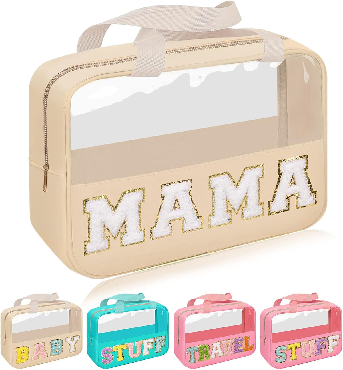 Chenille Letter Patch Baby Bag, Preppy Clear Makeup Cosmetic Bag Large Toiletry Storage Tote Bag with Handle, Transparent Nylon Waterproof Organizer Zipper Pouch for Travel Women Girls(Beige)