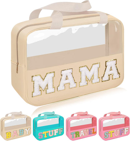 Chenille Letter Patch Baby Bag, Preppy Clear Makeup Cosmetic Bag Large Toiletry Storage Tote Bag with Handle, Transparent Nylon Waterproof Organizer Zipper Pouch for Travel Women Girls(Beige)