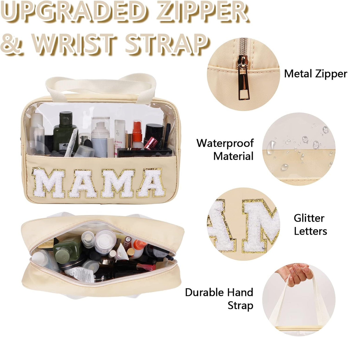 Chenille Letter Patch Baby Bag, Preppy Clear Makeup Cosmetic Bag Large Toiletry Storage Tote Bag with Handle, Transparent Nylon Waterproof Organizer Zipper Pouch for Travel Women Girls(Beige)