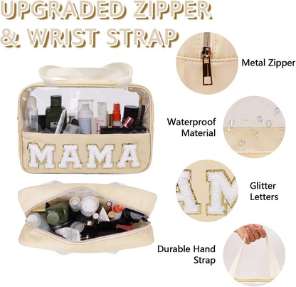 Chenille Letter Patch Baby Bag, Preppy Clear Makeup Cosmetic Bag Large Toiletry Storage Tote Bag with Handle, Transparent Nylon Waterproof Organizer Zipper Pouch for Travel Women Girls(Beige)