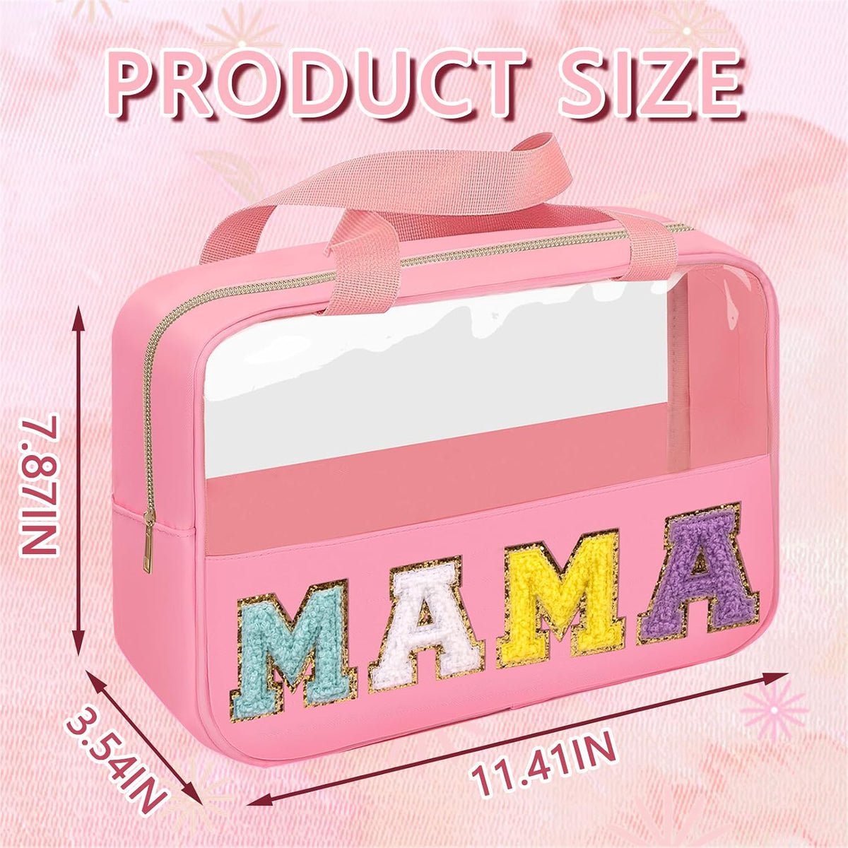 Chenille Letter Patch Baby Bag, Preppy Clear Makeup Cosmetic Bag Large Toiletry Storage Tote Bag with Handle, Transparent Nylon Waterproof Organizer Zipper Pouch for Travel Women Girls(Beige)