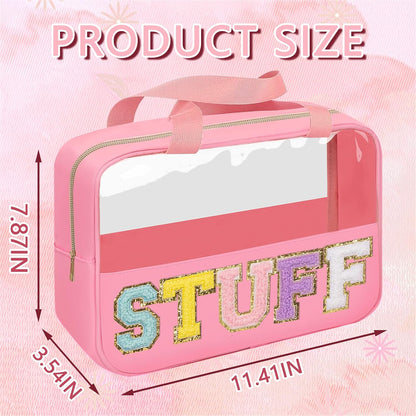 Chenille Letter Patch Baby Bag, Preppy Clear Makeup Cosmetic Bag Large Toiletry Storage Tote Bag with Handle, Transparent Nylon Waterproof Organizer Zipper Pouch for Travel Women Girls(Beige)