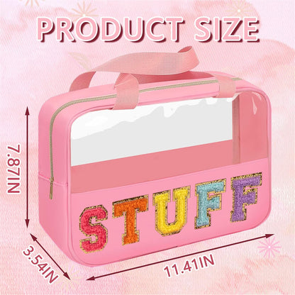 Chenille Letter Patch Baby Bag, Preppy Clear Makeup Cosmetic Bag Large Toiletry Storage Tote Bag with Handle, Transparent Nylon Waterproof Organizer Zipper Pouch for Travel Women Girls(Beige)