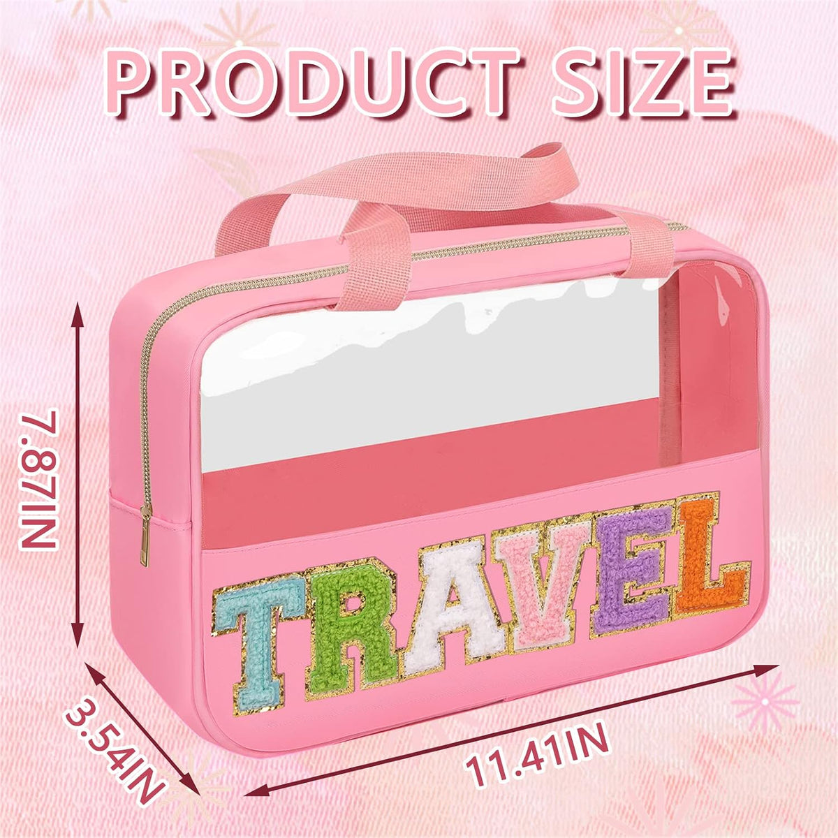 Chenille Letter Patch Baby Bag, Preppy Clear Makeup Cosmetic Bag Large Toiletry Storage Tote Bag with Handle, Transparent Nylon Waterproof Organizer Zipper Pouch for Travel Women Girls(Beige)