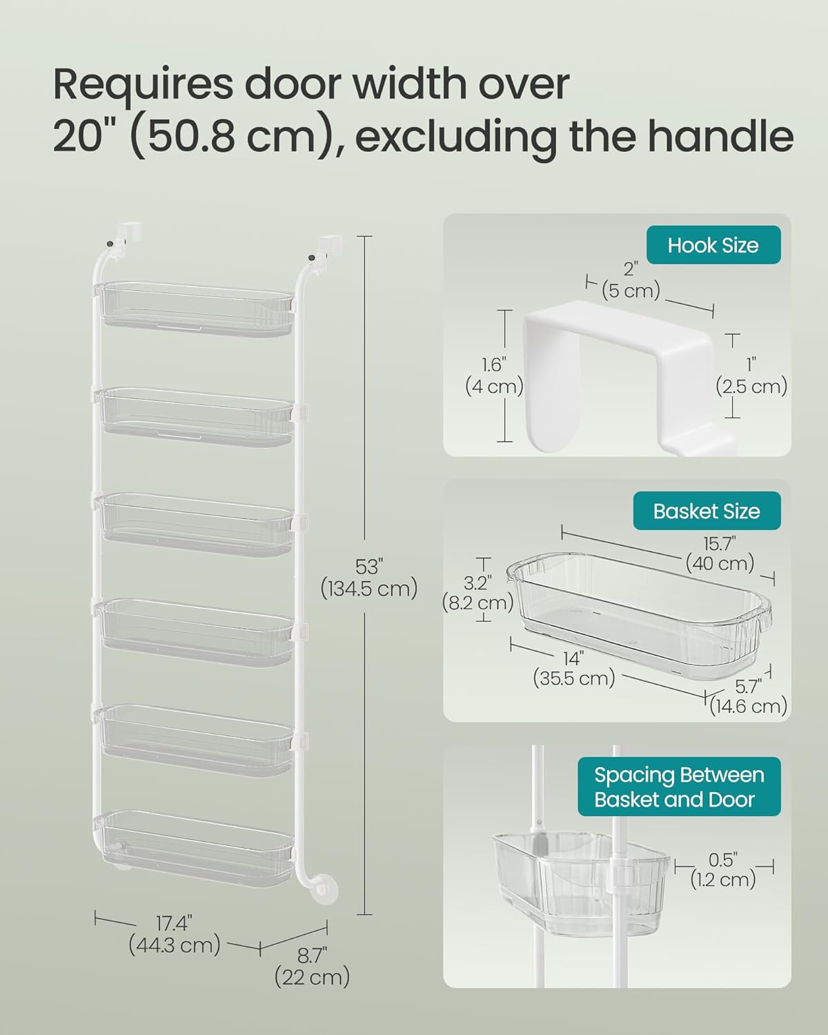 SONGMICS Over the Door Cabinet Organizer, 6-Tier Clear PET Baskets, 53 In H
