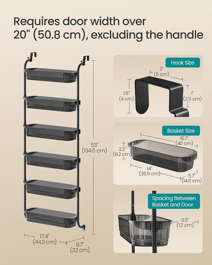 SONGMICS Over the Door Cabinet Organizer, 6-Tier Clear PET Baskets, 53 In H