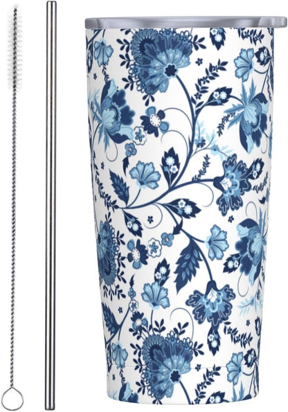 Blue White Porcelain Pattern Tumbler,Ceramics Flower 20oz Stainless Steel Insulated Travel Tumblers,Travel Coffee Mug with Lid and Straw Water Bottle Drink Cups Gifts for Women Men Lovers