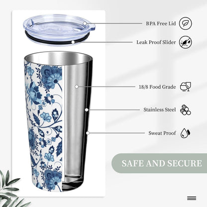 Blue White Porcelain Pattern Tumbler,Ceramics Flower 20oz Stainless Steel Insulated Travel Tumblers,Travel Coffee Mug with Lid and Straw Water Bottle Drink Cups Gifts for Women Men Lovers