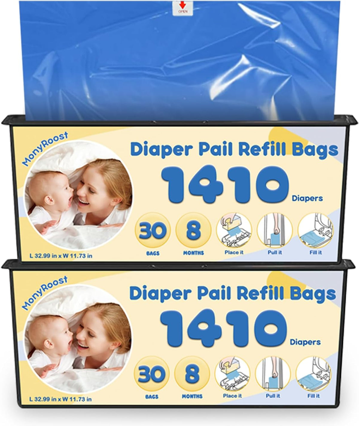 Diaper Pail Refills Bags Compatible with Genie Easy Roll Signature & Platinum Diaper Pails | Holds Up to 1410 Newborn Diapers Per Refill | 7 Layer Odor Barrier Technology, 2Pack(60 Bags)