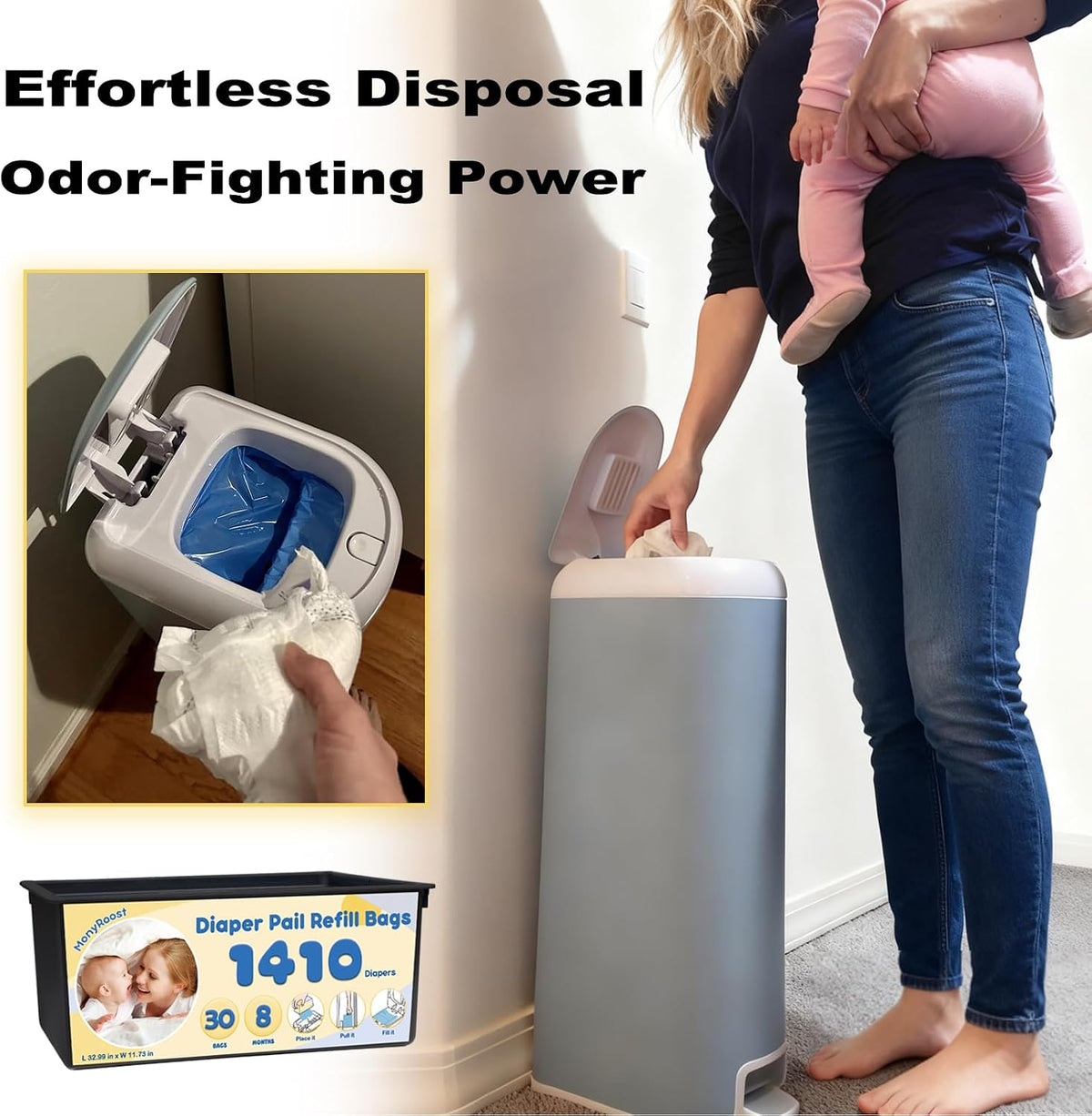Diaper Pail Refills Bags Compatible with Genie Easy Roll Signature & Platinum Diaper Pails | Holds Up to 1410 Newborn Diapers Per Refill | 7 Layer Odor Barrier Technology, 2Pack(60 Bags)