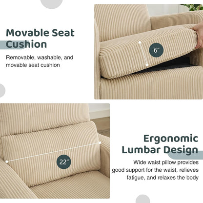 Swivel Rocker Recliner, Oversized Manual Nursery Glider Rocking Recliner Chair with Removable Cushion, Upholstered Corduroy Swivel Reclining Chair for Nursery Living Room Bedroom, Camel