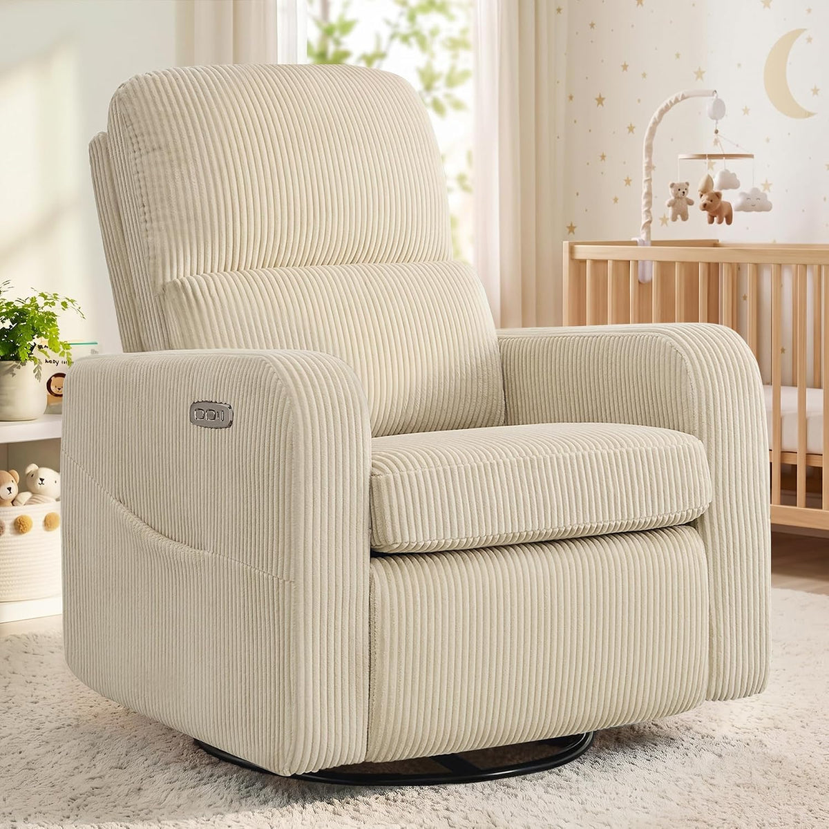 Swivel Rocker Recliner, Oversized Manual Nursery Glider Rocking Recliner Chair with Removable Cushion, Upholstered Corduroy Swivel Reclining Chair for Nursery Living Room Bedroom, Camel