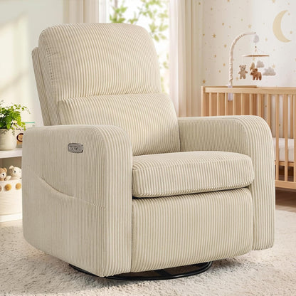 Swivel Rocker Recliner, Oversized Manual Nursery Glider Rocking Recliner Chair with Removable Cushion, Upholstered Corduroy Swivel Reclining Chair for Nursery Living Room Bedroom, Camel