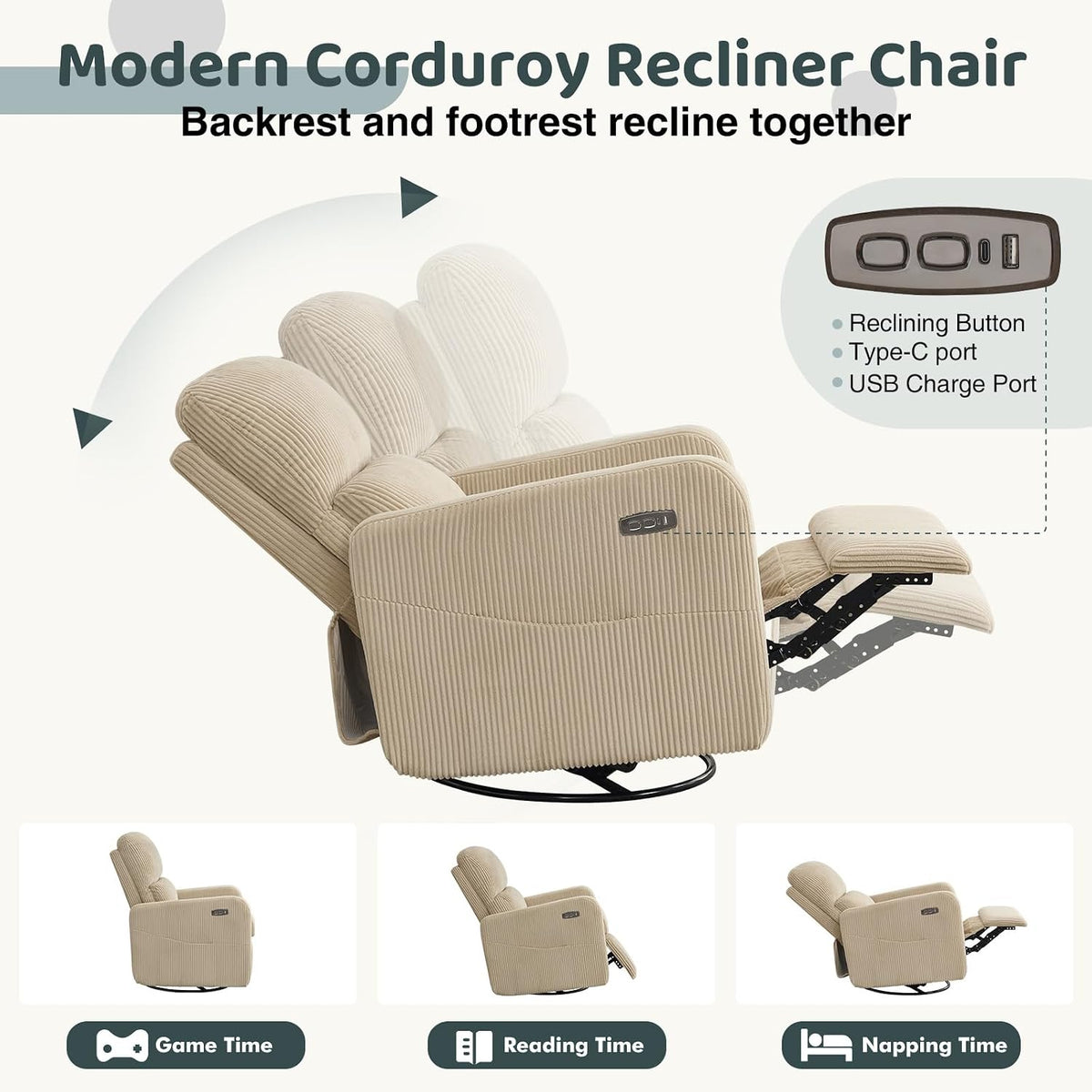 Swivel Rocker Recliner, Oversized Manual Nursery Glider Rocking Recliner Chair with Removable Cushion, Upholstered Corduroy Swivel Reclining Chair for Nursery Living Room Bedroom, Camel