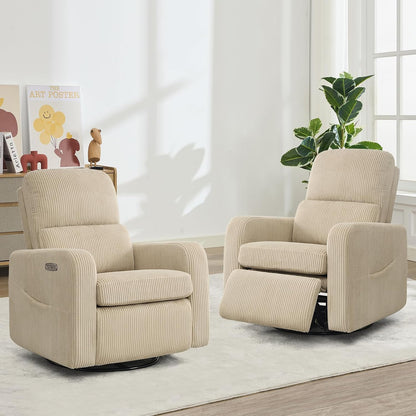 Swivel Rocker Recliner, Oversized Manual Nursery Glider Rocking Recliner Chair with Removable Cushion, Upholstered Corduroy Swivel Reclining Chair for Nursery Living Room Bedroom, Camel