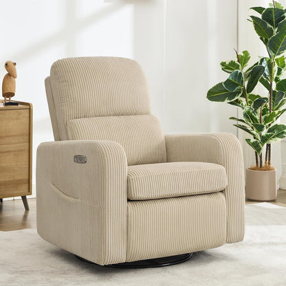 Swivel Rocker Recliner, Oversized Manual Nursery Glider Rocking Recliner Chair with Removable Cushion, Upholstered Corduroy Swivel Reclining Chair for Nursery Living Room Bedroom, Camel