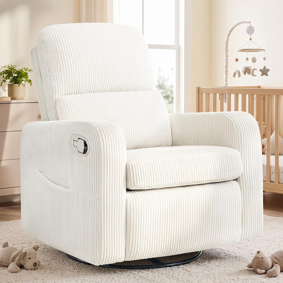 Swivel Rocker Recliner, Oversized Manual Nursery Glider Rocking Recliner Chair with Removable Cushion, Upholstered Corduroy Swivel Reclining Chair for Nursery Living Room Bedroom, Camel