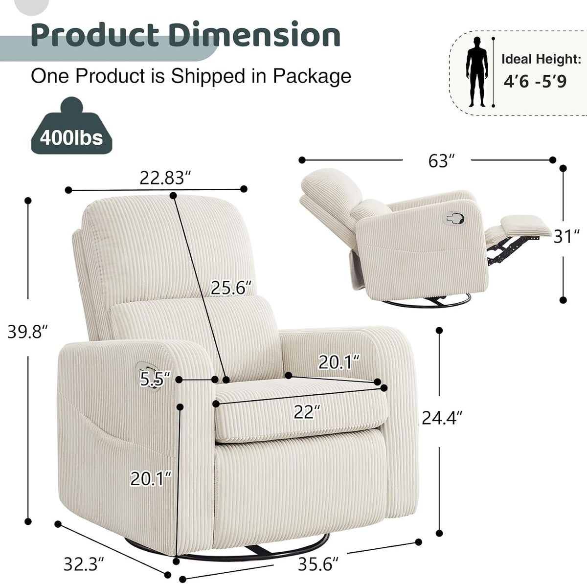 Swivel Rocker Recliner, Oversized Manual Nursery Glider Rocking Recliner Chair with Removable Cushion, Upholstered Corduroy Swivel Reclining Chair for Nursery Living Room Bedroom, Camel
