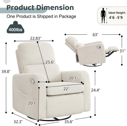 Swivel Rocker Recliner, Oversized Manual Nursery Glider Rocking Recliner Chair with Removable Cushion, Upholstered Corduroy Swivel Reclining Chair for Nursery Living Room Bedroom, Camel