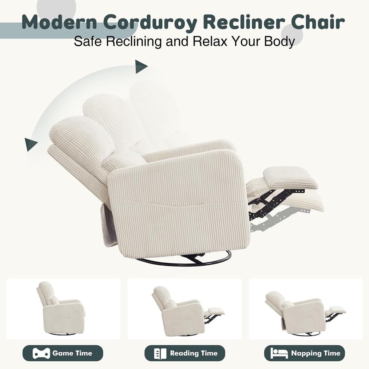 Swivel Rocker Recliner, Oversized Manual Nursery Glider Rocking Recliner Chair with Removable Cushion, Upholstered Corduroy Swivel Reclining Chair for Nursery Living Room Bedroom, Camel