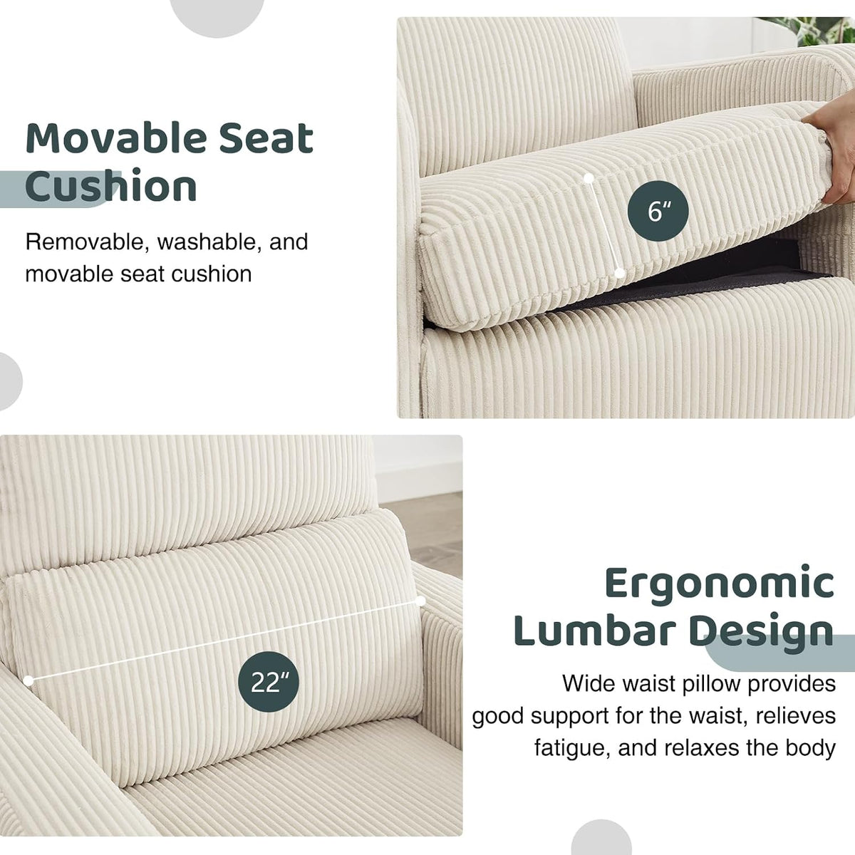 Swivel Rocker Recliner, Oversized Manual Nursery Glider Rocking Recliner Chair with Removable Cushion, Upholstered Corduroy Swivel Reclining Chair for Nursery Living Room Bedroom, Camel