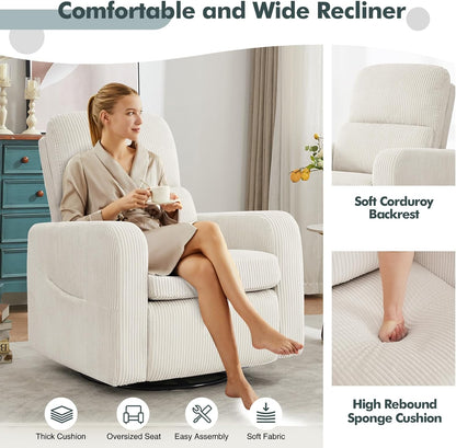 Swivel Rocker Recliner, Oversized Manual Nursery Glider Rocking Recliner Chair with Removable Cushion, Upholstered Corduroy Swivel Reclining Chair for Nursery Living Room Bedroom, Camel