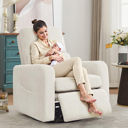 Swivel Rocker Recliner, Oversized Manual Nursery Glider Rocking Recliner Chair with Removable Cushion, Upholstered Corduroy Swivel Reclining Chair for Nursery Living Room Bedroom, Camel