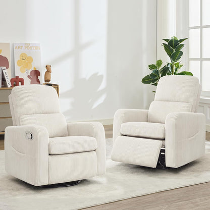 Swivel Rocker Recliner, Oversized Manual Nursery Glider Rocking Recliner Chair with Removable Cushion, Upholstered Corduroy Swivel Reclining Chair for Nursery Living Room Bedroom, Camel