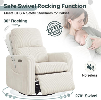 Swivel Rocker Recliner, Oversized Manual Nursery Glider Rocking Recliner Chair with Removable Cushion, Upholstered Corduroy Swivel Reclining Chair for Nursery Living Room Bedroom, Camel