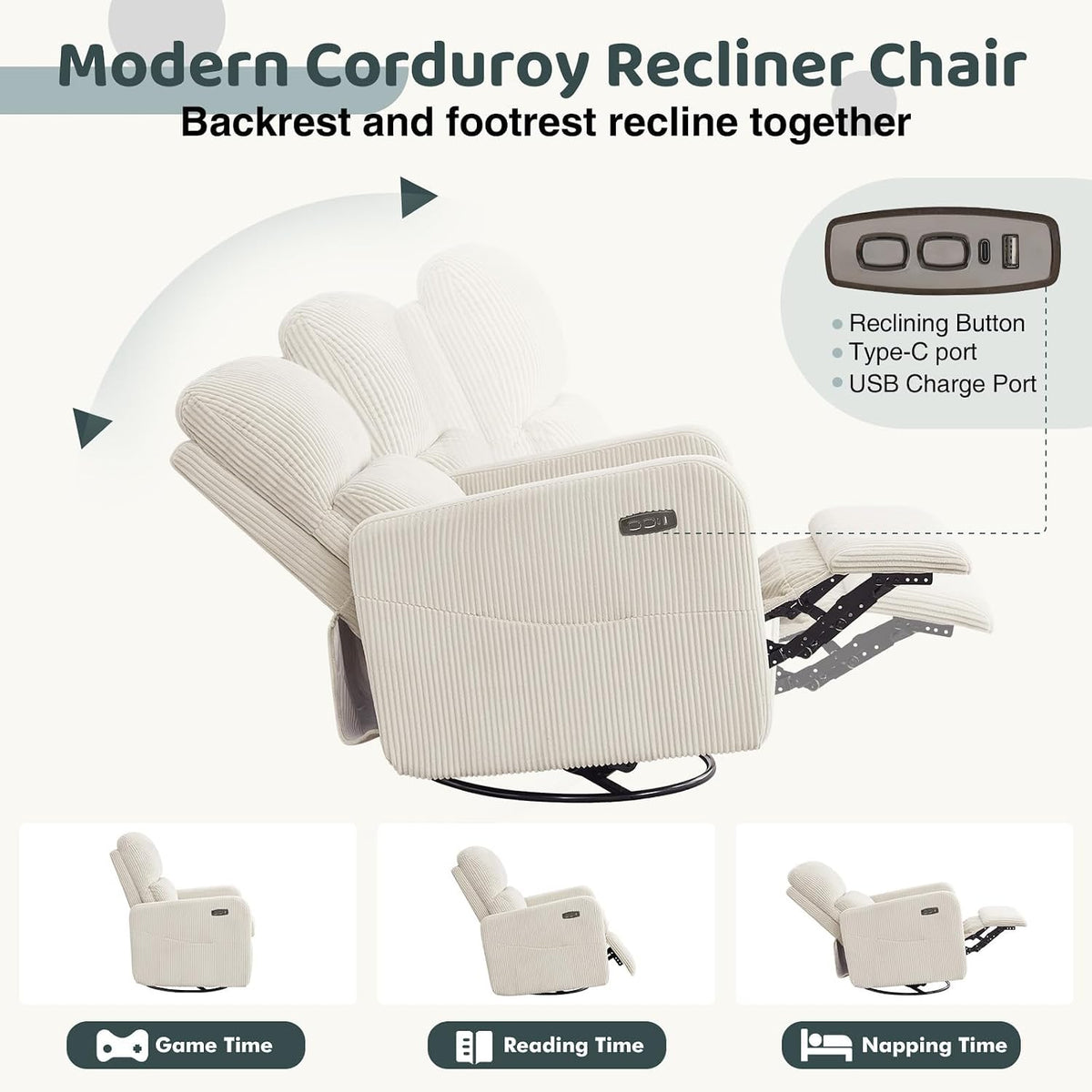 Swivel Rocker Recliner, Oversized Manual Nursery Glider Rocking Recliner Chair with Removable Cushion, Upholstered Corduroy Swivel Reclining Chair for Nursery Living Room Bedroom, Camel