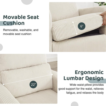 Swivel Rocker Recliner, Oversized Manual Nursery Glider Rocking Recliner Chair with Removable Cushion, Upholstered Corduroy Swivel Reclining Chair for Nursery Living Room Bedroom, Camel