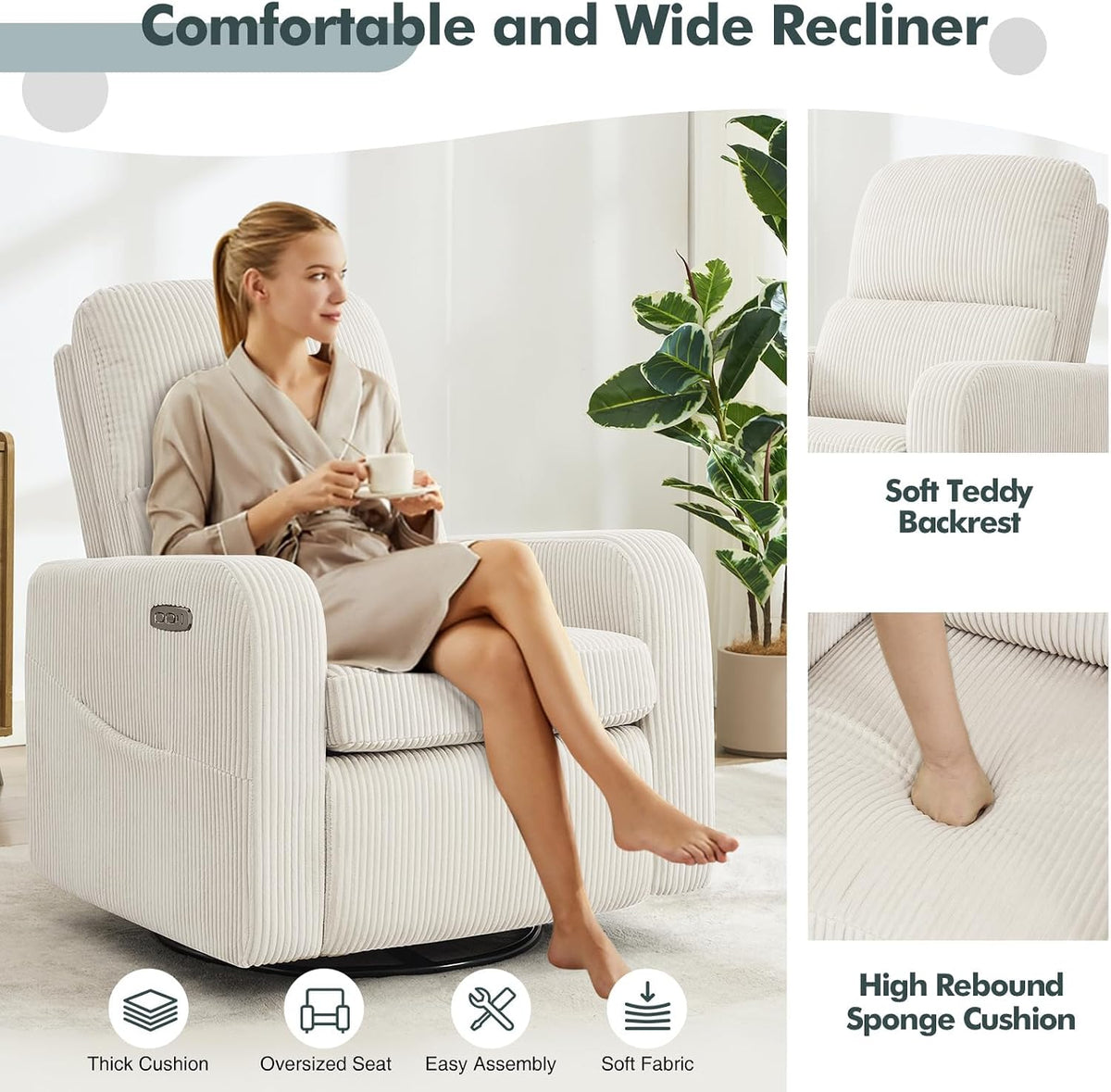 Swivel Rocker Recliner, Oversized Manual Nursery Glider Rocking Recliner Chair with Removable Cushion, Upholstered Corduroy Swivel Reclining Chair for Nursery Living Room Bedroom, Camel