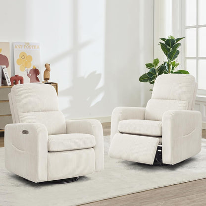 Swivel Rocker Recliner, Oversized Manual Nursery Glider Rocking Recliner Chair with Removable Cushion, Upholstered Corduroy Swivel Reclining Chair for Nursery Living Room Bedroom, Camel